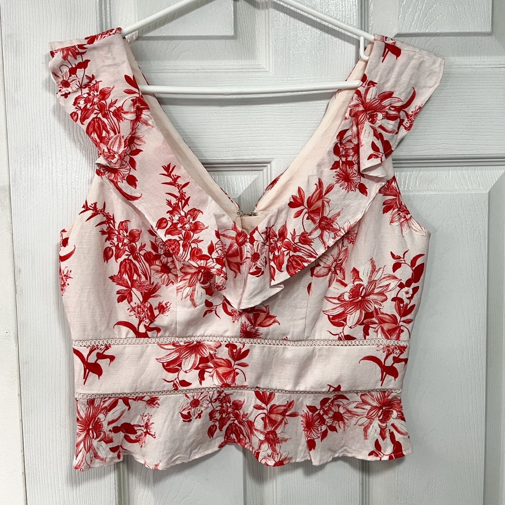 Ever New Pink and Red Ruffled Peplum Crop Top with Sailor Collar